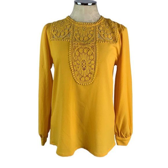 XS Halogen Gold Yellow Lace Detail Women's Blouse Long Sleeve Pullover - Picture 2 of 8